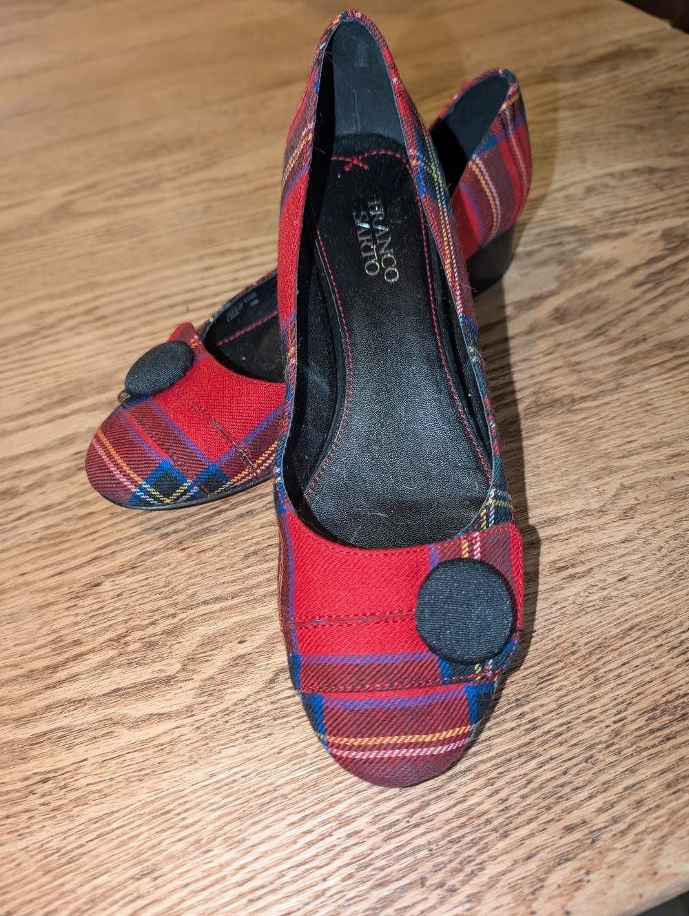 Cute Tartan Plaid Chunky Heels, Low Heeled Fabric Pumps US Size 10M Franco Sarto